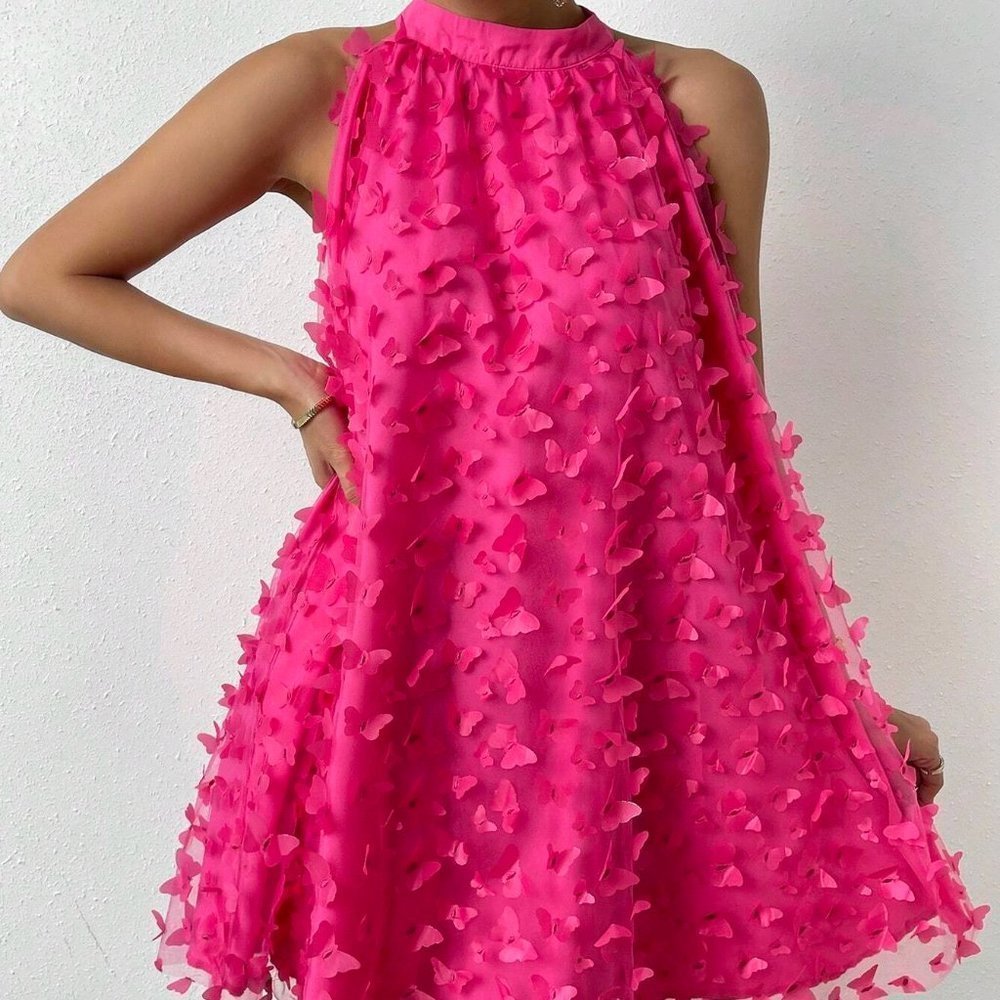 Pink Boho Womens Butterfly Appliques Mesh Overlay Halter Neck Dress - Picture 4 of 5